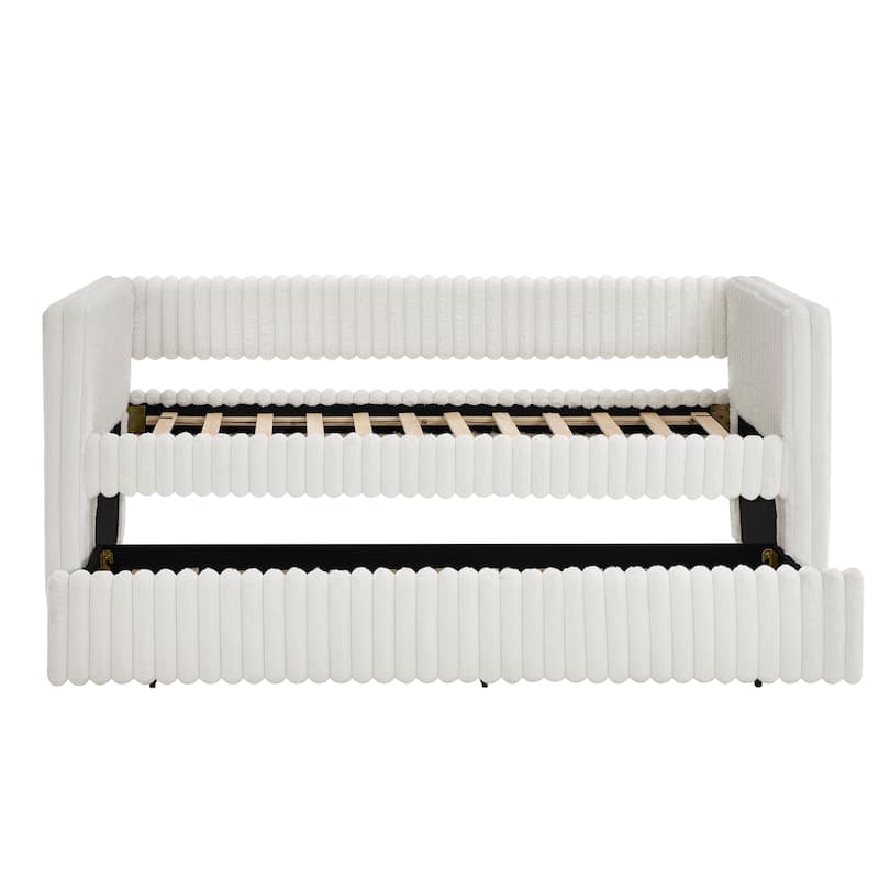 Twin Size Convertible Daybed with Plaid Corduroy Upholstered Sofa Bed Pull-Out Trundle (Space-Saving Design)