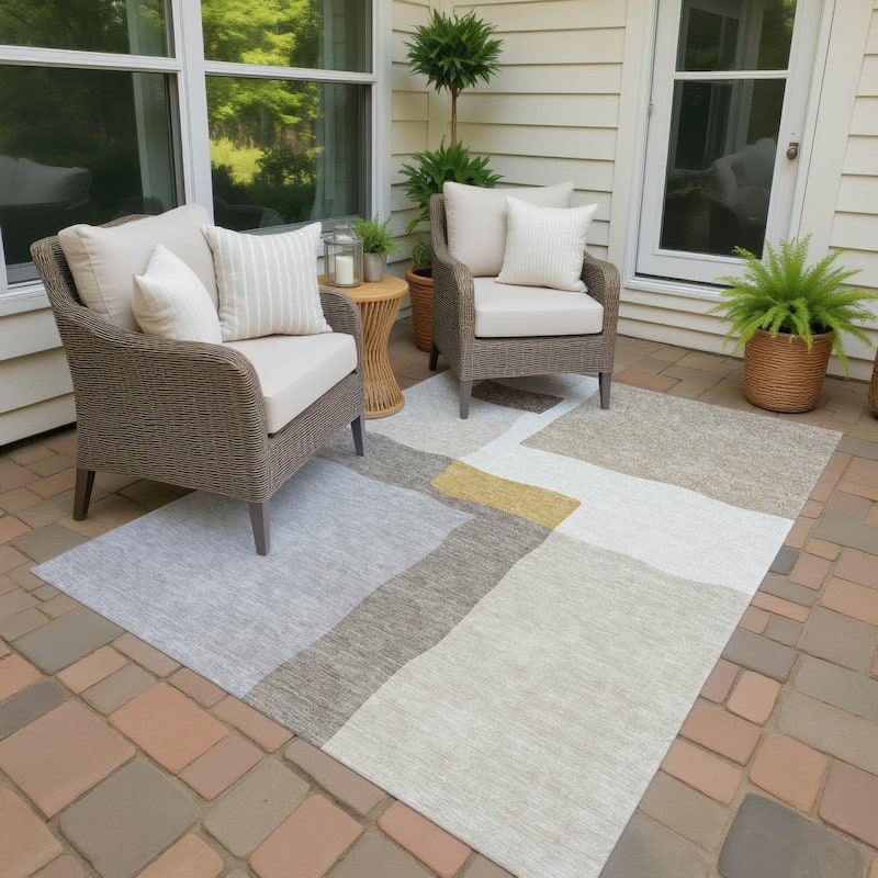 Machine Washable Indoor/ Outdoor Contemporary Blox Chantille Rug - Beige - 5' x 7'6"