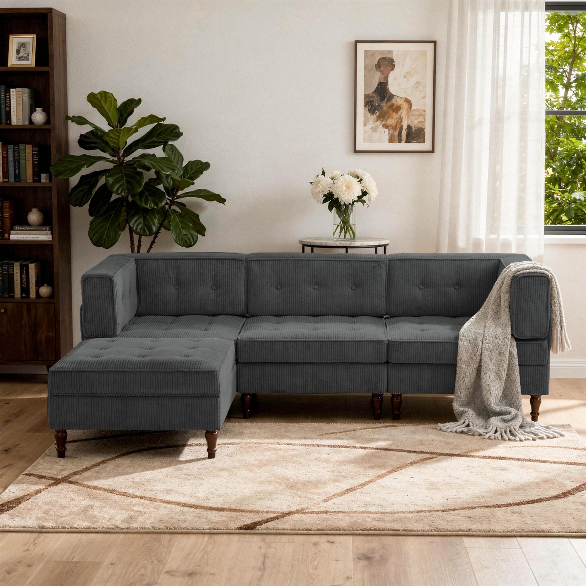 98" W Corduroy Modular Sectional Sofa with Storage Ottoman
