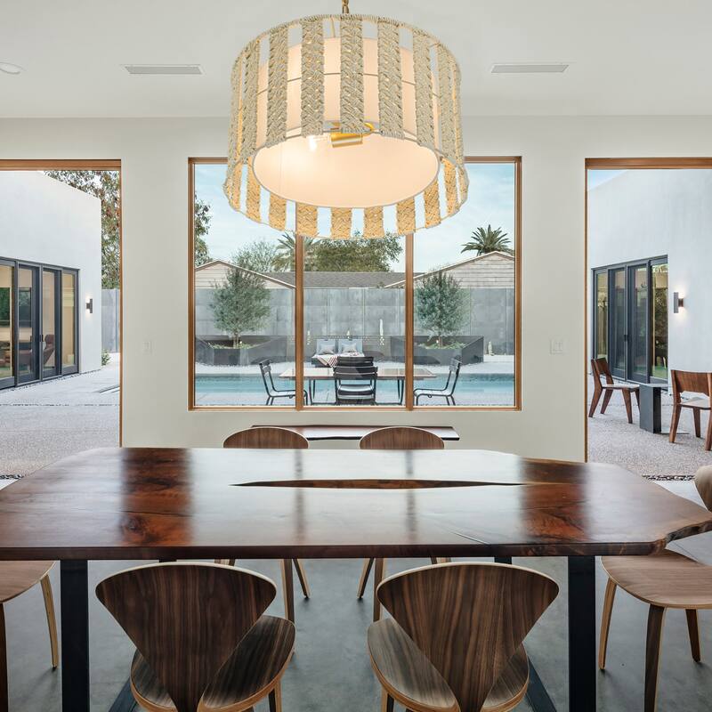 Roka 3-Light Rattan Rope Drum Pendant, Coastal Boho - Handwoven - 18" Wide