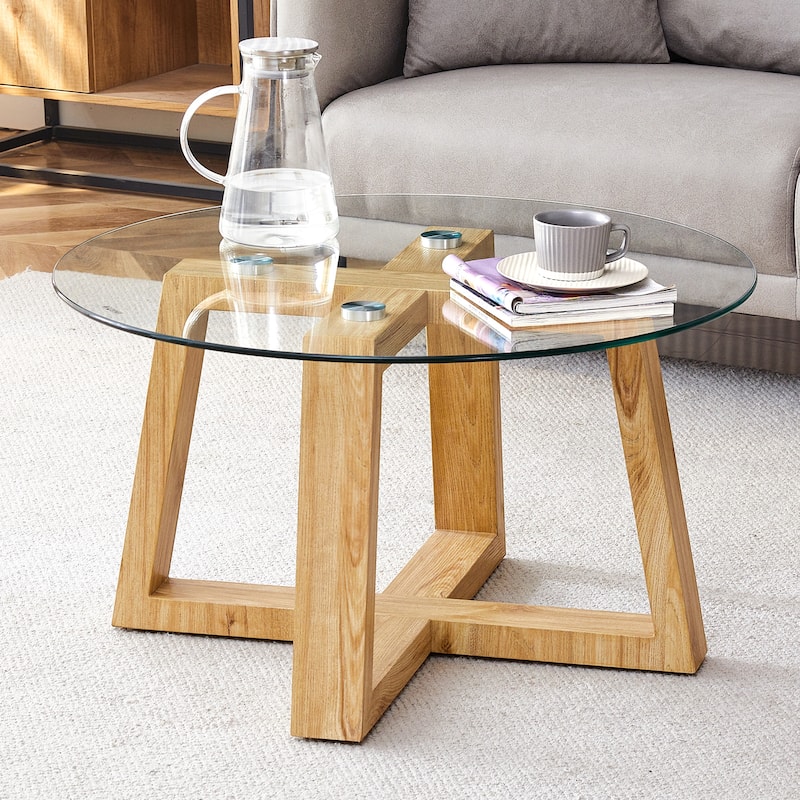 Modern Round Coffee Tables with Tempered Glass Tabletop