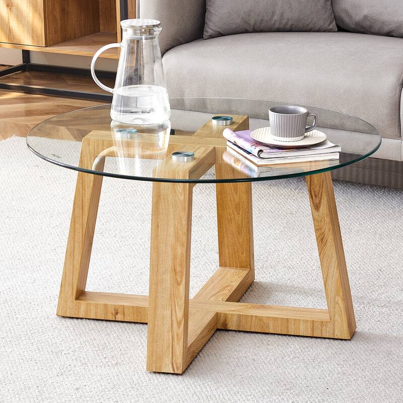 Roomfitters Round Glass Coffee Table with Tempered Top and MDF Legs, Compact Tea Table for Living Room or Bedroom, Natural