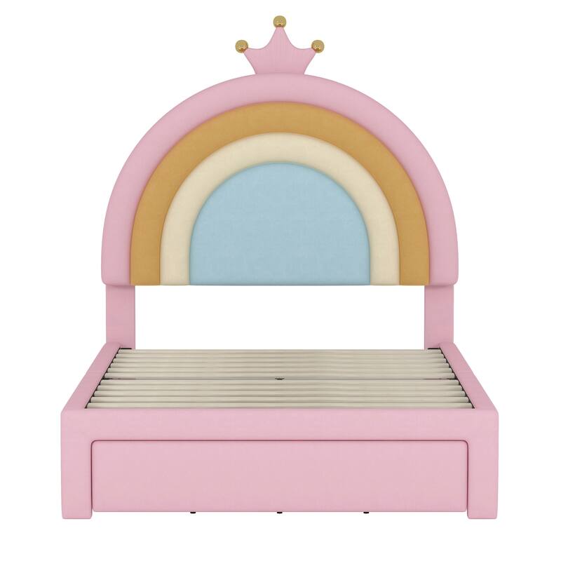 Arc Rainbow Headboard Upholstered Bed Frame, Velvet Princess Platform Bed with Storage Drawer, Wood Panel Bed