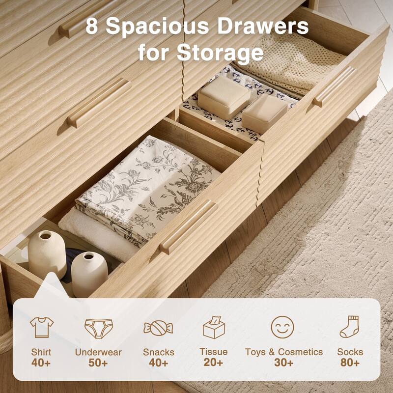 Fluted 8 Drawer Dresser, 52" Wide Modern Wood Dresser for Bedroom, Chest of Drawers with Curved Profile Design
