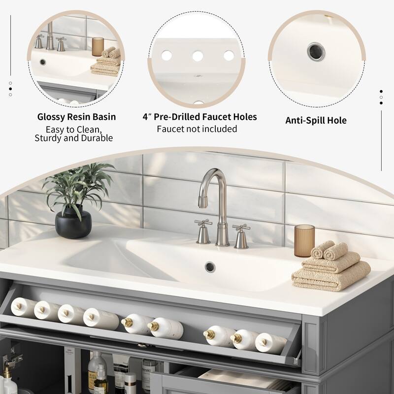 GDFStudio - Riviera Modern Bathroom Vanity with Resin Sink, Tip-Out Drawer and Adjustable Storage - 36'W