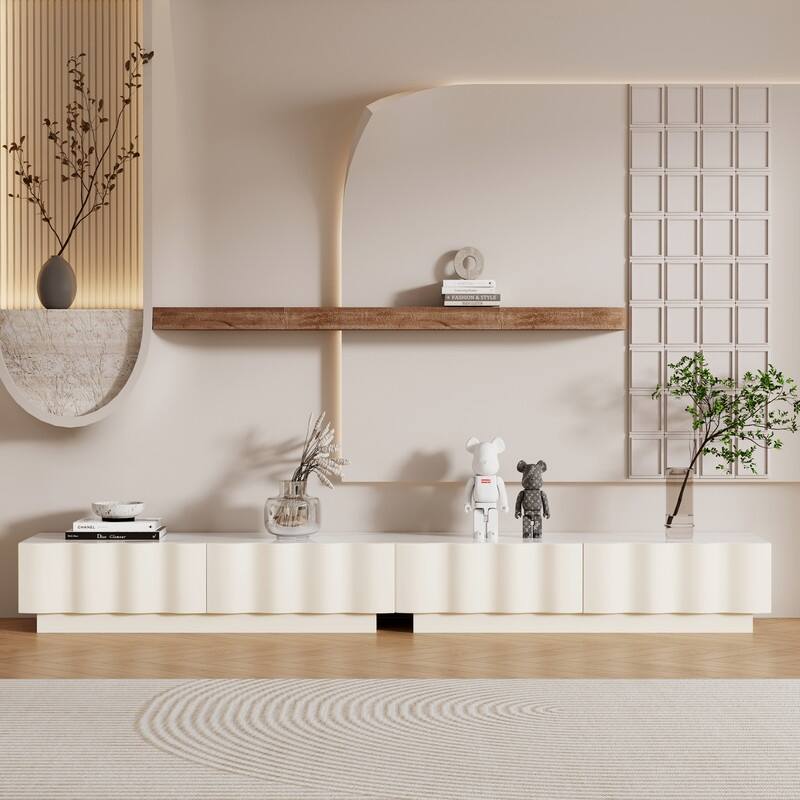 Modern Cream TV Stands with 3-6 Drawers, White Media Console with Glossy Sintered Stone Tabletop - 94.5" & 4 Drawers