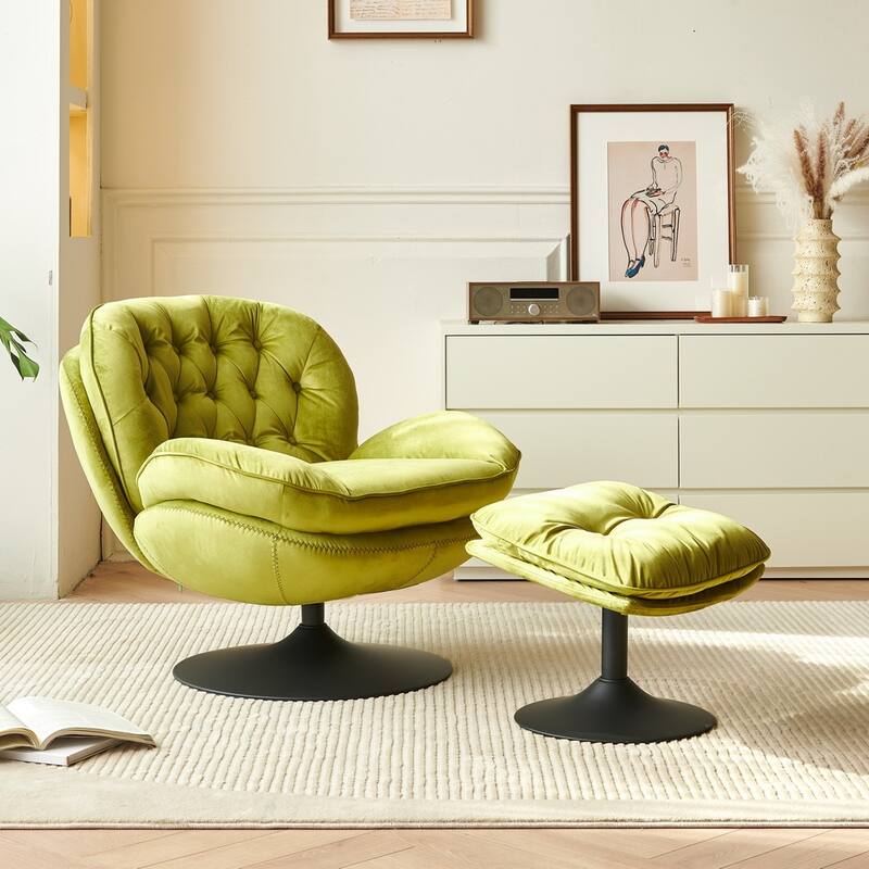 Swivel Leisure Chair Velvet Upholstered Lounge Chair Comfortable Deep Buttons Backrests Chair with Ottoman - Olive Green