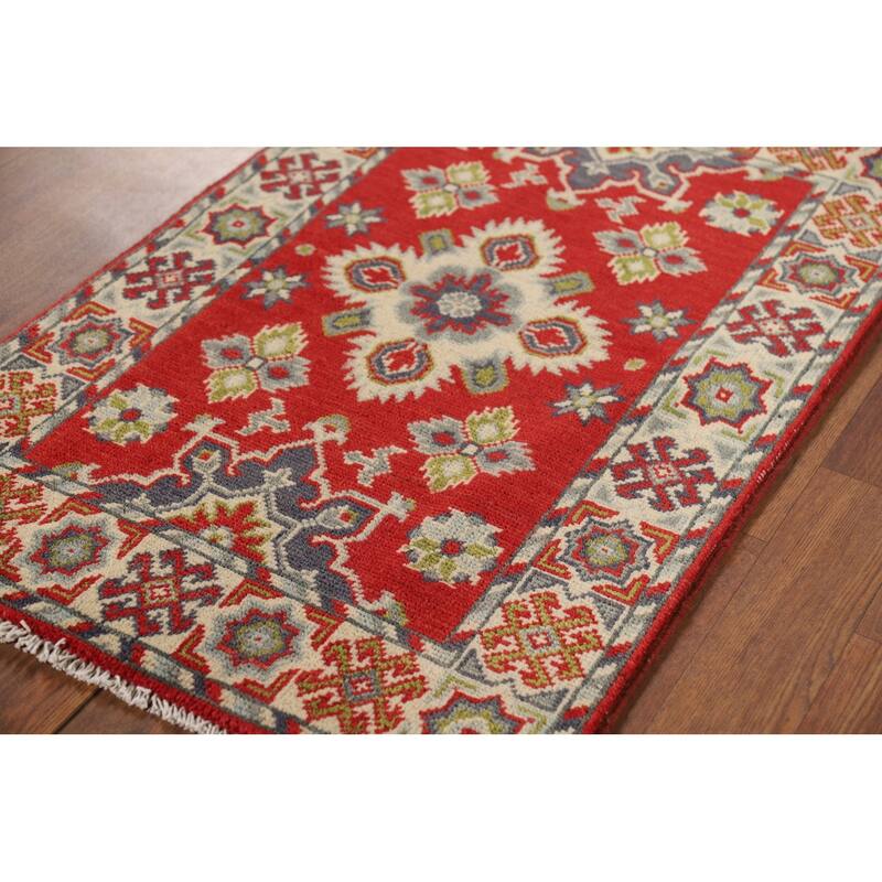 Red Kazak Oriental Foyer Rug Hand-Knotted Geometric Wool Carpet - 2'0" x 3'1"
