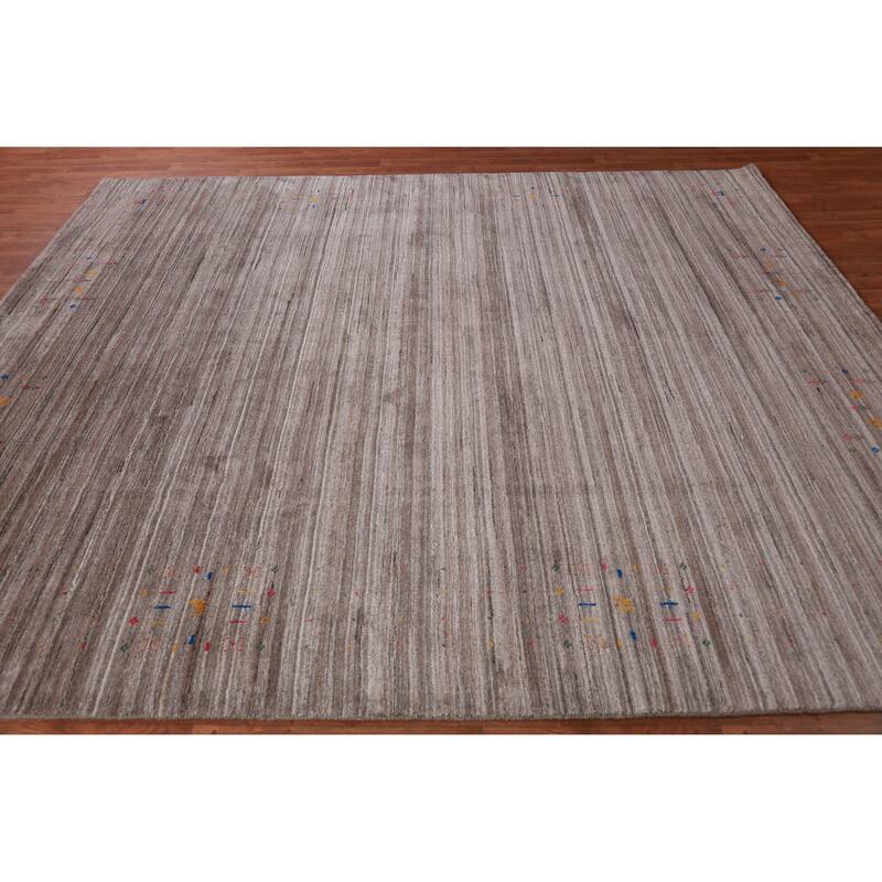 Striped Brown Gabbeh Indian Area Rug Hand-Knotted Wool Carpet - 8'1" x 9'8"
