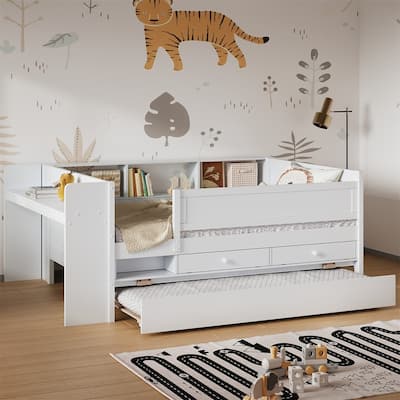 Multi-Functional Twin Size Daybed with 2 Drawers and Twin Size Trundle, Wooden Sofa Bed Frame w/ Headboard Storage & Study Desk