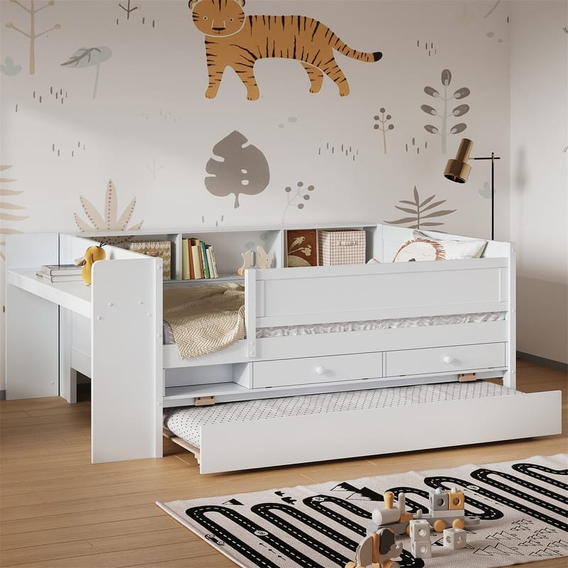 Multi-Functional Twin Size Daybed with 2 Drawers and Twin Size Trundle, Wooden Sofa Bed Frame w/ Headboard Storage & Study Desk