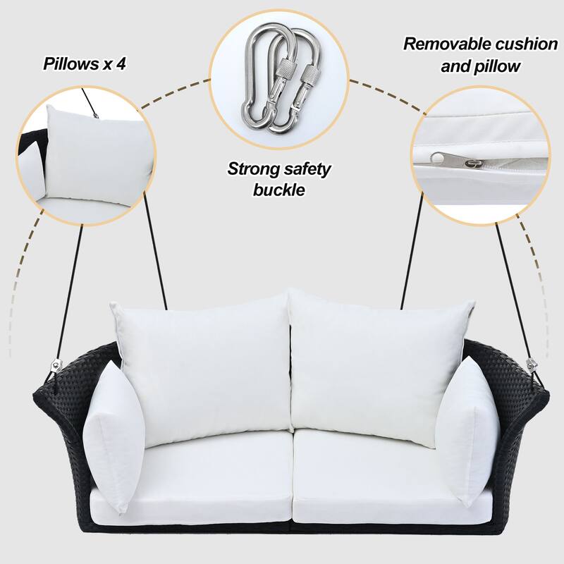 All-Weather Woven Swing Chair for Two, Outdoor Hanging Chair with Adjustable Ropes & Waterproof Cushions
