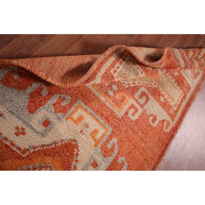Handmade Orange Geometric Oushak Turkish Vintage Runner Rug - 3'3"x 9'4"