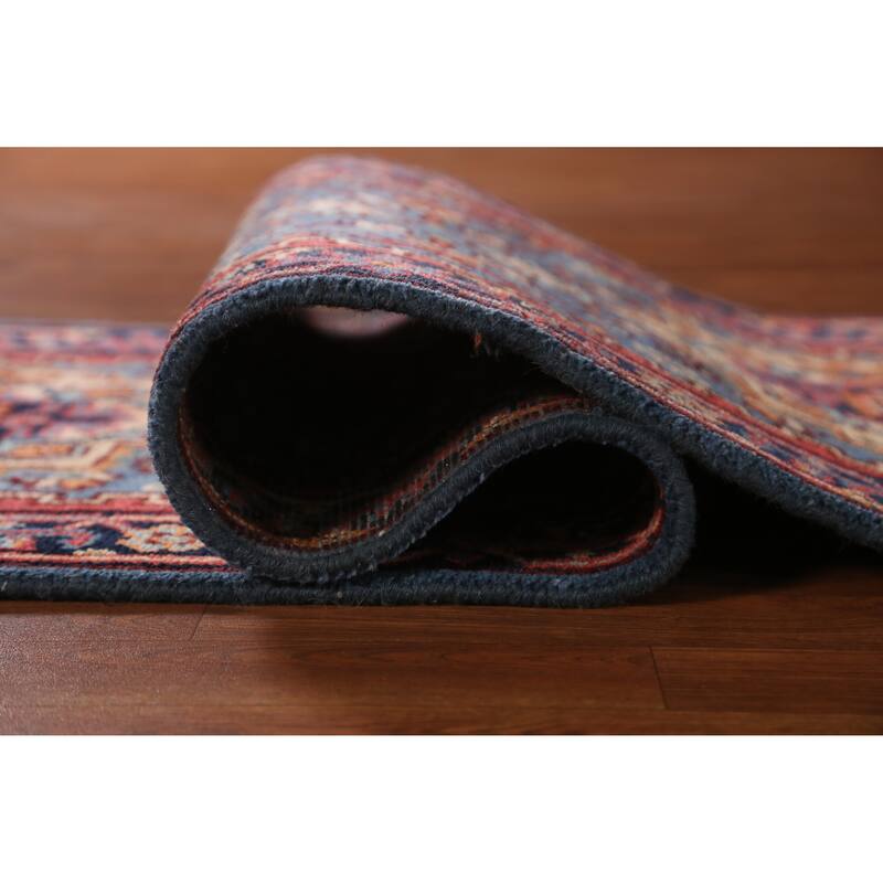 Hand Knotted Oriental 100% Wool Carpet Traditional Geometric Navy Blue & Blues Heriz (serapi) Runner Rug - 7' 10'' X 2' 7''