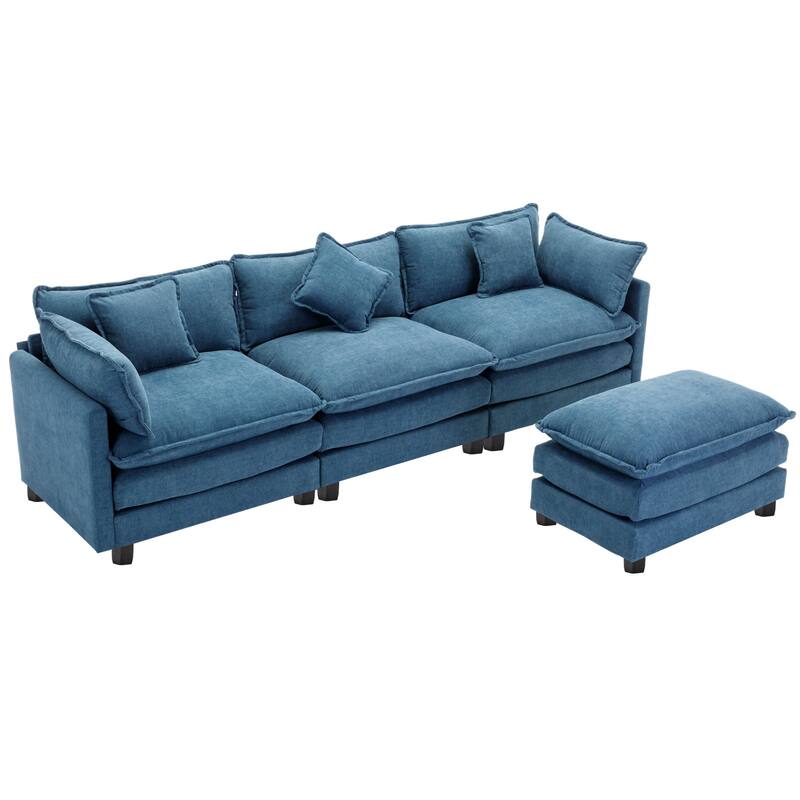 Blue 112.2" Modern L-Shaped 4-Seat Sectional Sofa with Removable Ottoman, 5 Plush Pillows, and Sturdy Frame