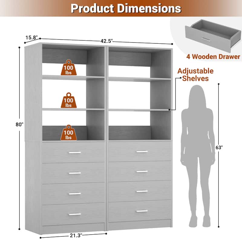 Freestanding Closet Organizer with 4 Drawers and 4 Shelves, Wooden Closet System for Walk-in Closet