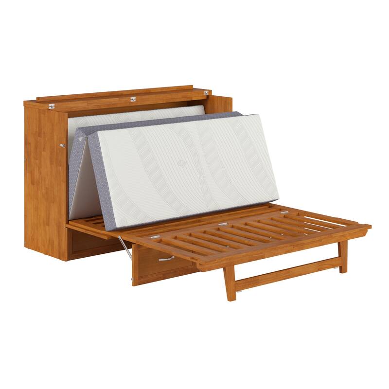 Northfield Queen Murphy Bed Chest with 6" Mattress, Storage Drawer & Built-In Charger in Light Toffee