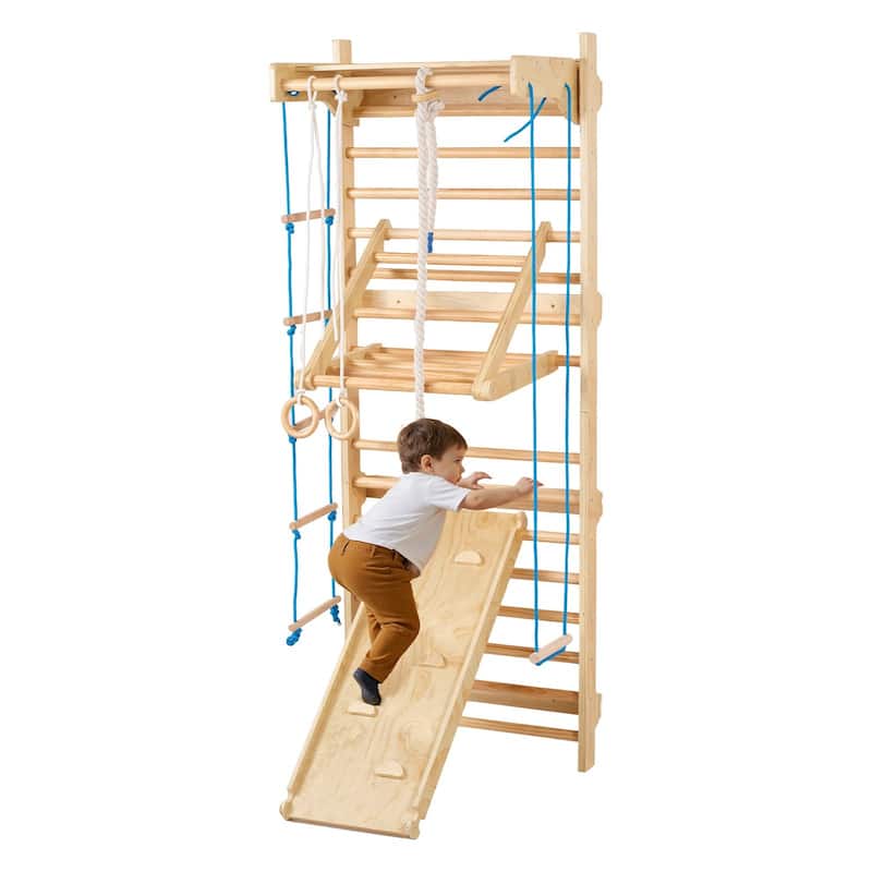 Beige Pine Wood 8 in 1 Swedish Ladder Indoor Jungle Gym for Kids and Adults with Slide Rings Rope Climbing and 220 lbs Capacity