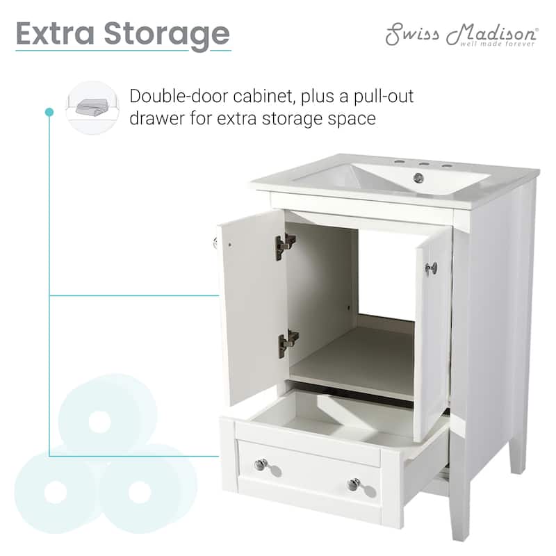 Cannes 24 In. White Bathroom Vanity With White, 3-Hole Ceramic Sink Top