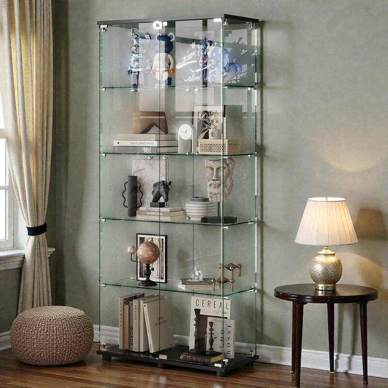 72 Inch Glass Display Case, 5 Shelf Floor Standing Cabinet with Lock, Tempered Glass Doors for Home Office