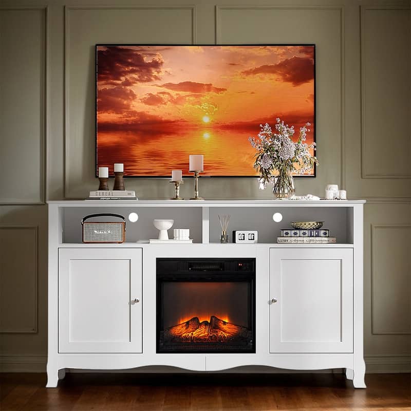 Farmhouse 58'' TV Stand For Tvs Up To 70'' With Electric Fireplace and Adjustable Shelves