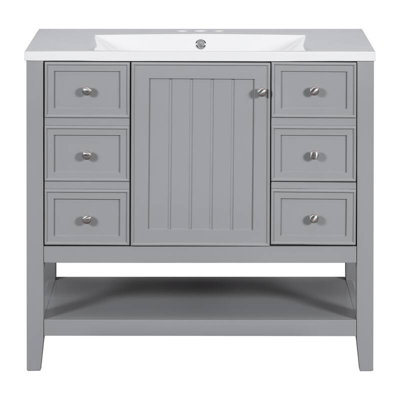 Bathroom Vanity with Sink, Bathroom Vanity with 1 Cabinet and 3 Drawers, Solid Wood Storage Cabinet with Open Shelf