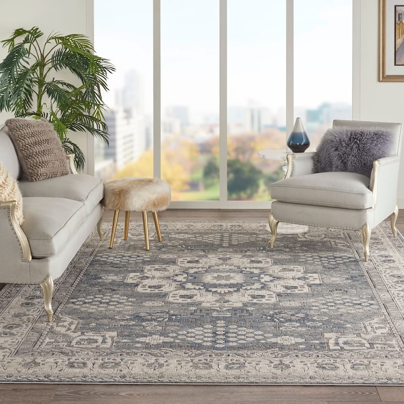 Porch & Den Traditional Bordered Medallion Area Rug - 6' 7" x 9' 6" - Grey/Ivory
