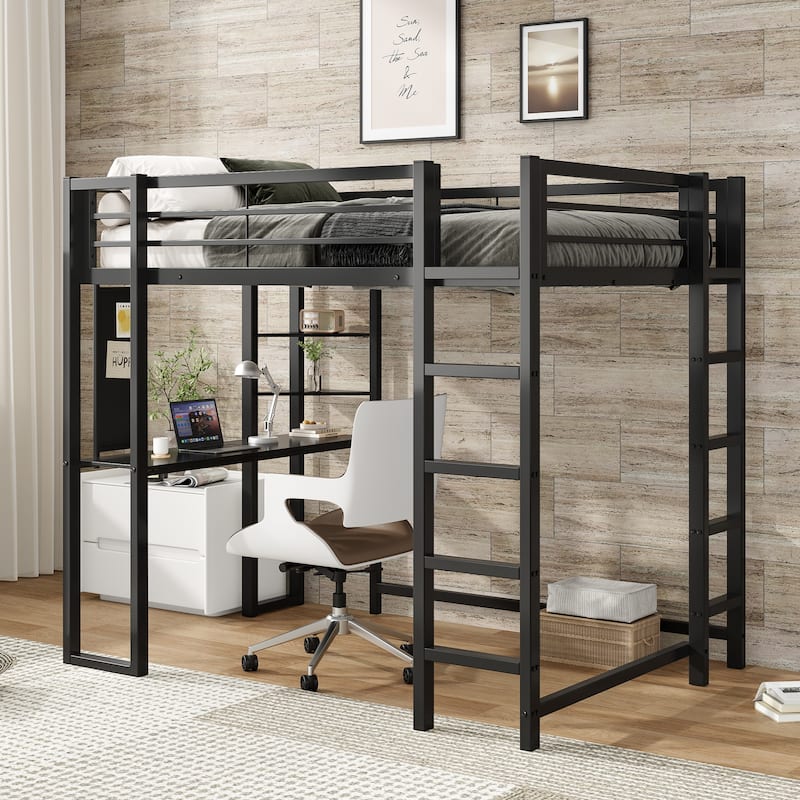 Full Size Loft Bed Frame with Desk and Triangular Shelves