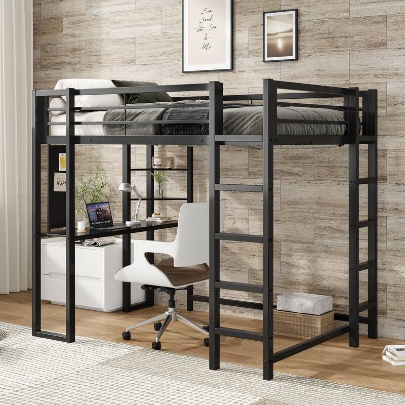 Full Size Metal Loft Bed with Desk and Storage, Ideal for Teens and Kids, Black Bedroom Frame - Black