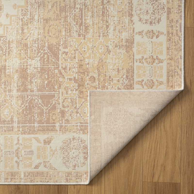 Sevita Beige Traditional Machine Washable Indoor Area Rug