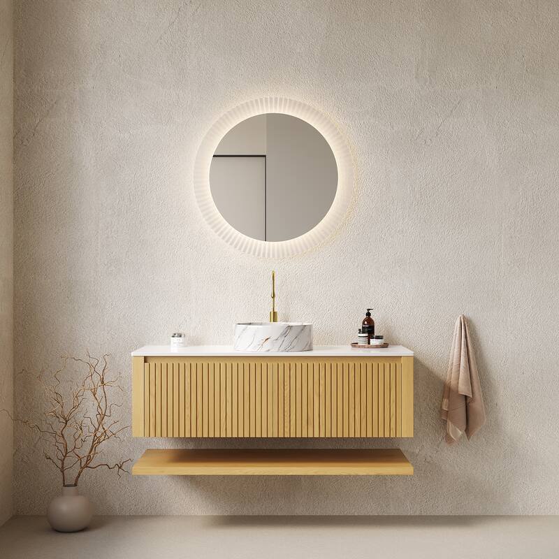 GDFStudio - Hizon Modern 48" Floating Bathroom Vanity with Ceramic Basin, Corolla Oak Finish & Open Shelf, WITHOUT Faucet