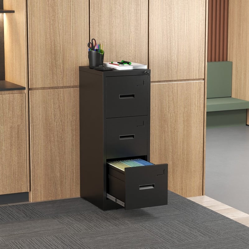 Metal Vertical File Cabinet with 3 Drawer, Lock and Card Slot