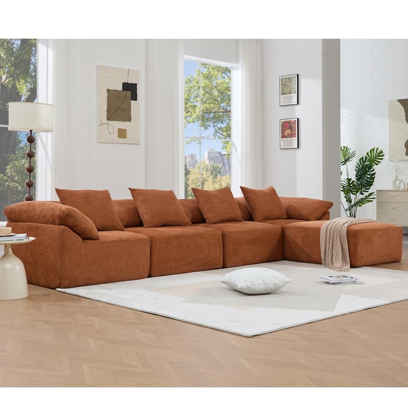 142" L-Shaped Modular Sectional Sofa, Floor Chenille Upholstered Couch with Ottoman, Convertible Sleeper Couch for Living Room