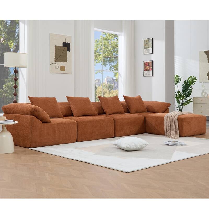 GDFStudio - Chenille L-Shaped Modular 5-Seater Sectional Sofa with Ottoman