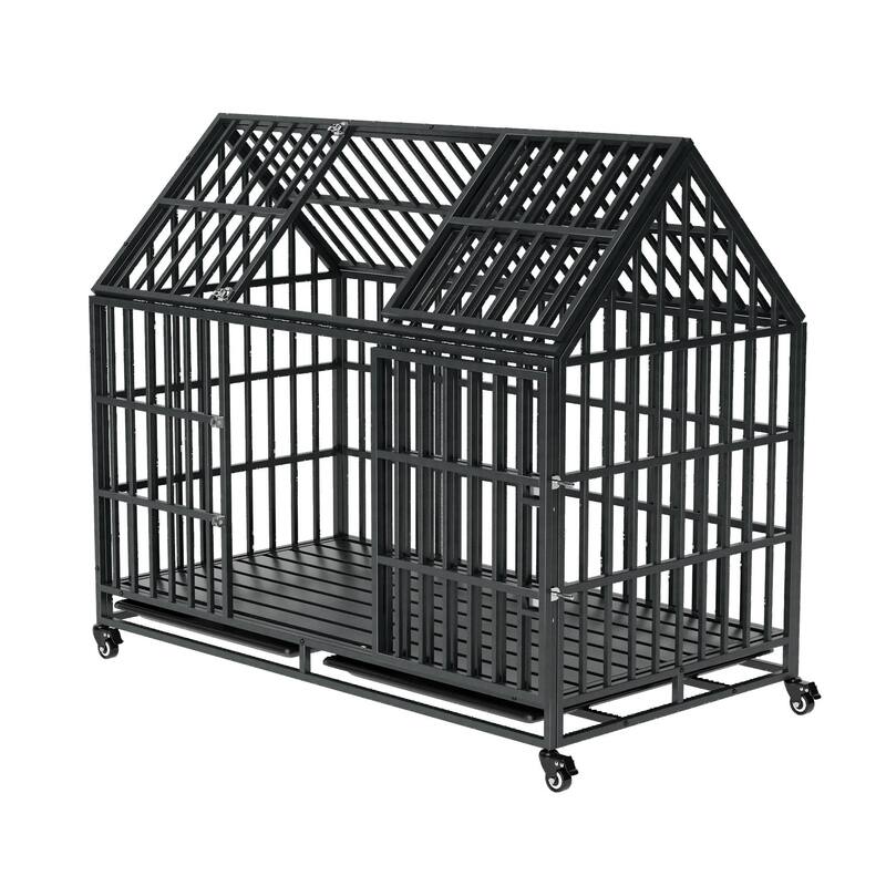 52'' Heavy Duty Dog Crate with Roof Top and Wheels Indestructible Escape-Proof Dog Kennel