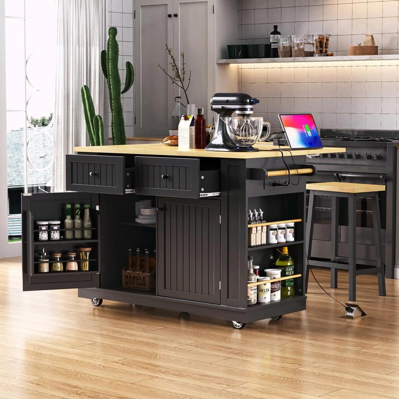 48" Rolling Kitchen Island with Drop Leaf, Power Outlet & 2 Bar Stools, Storage Cart with Drawers & Racks