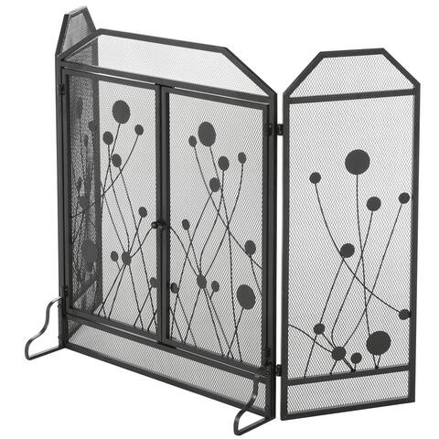 HOMCOM 3-Panel Metal Fireplace Mesh Screen Home Folded Steel Spark Protection with Magnetic Doors 49.25" x 31.5", Black