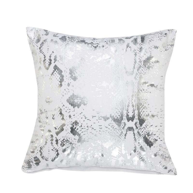 20" White and Silver Metallic Snakeskin Square Throw Pillow