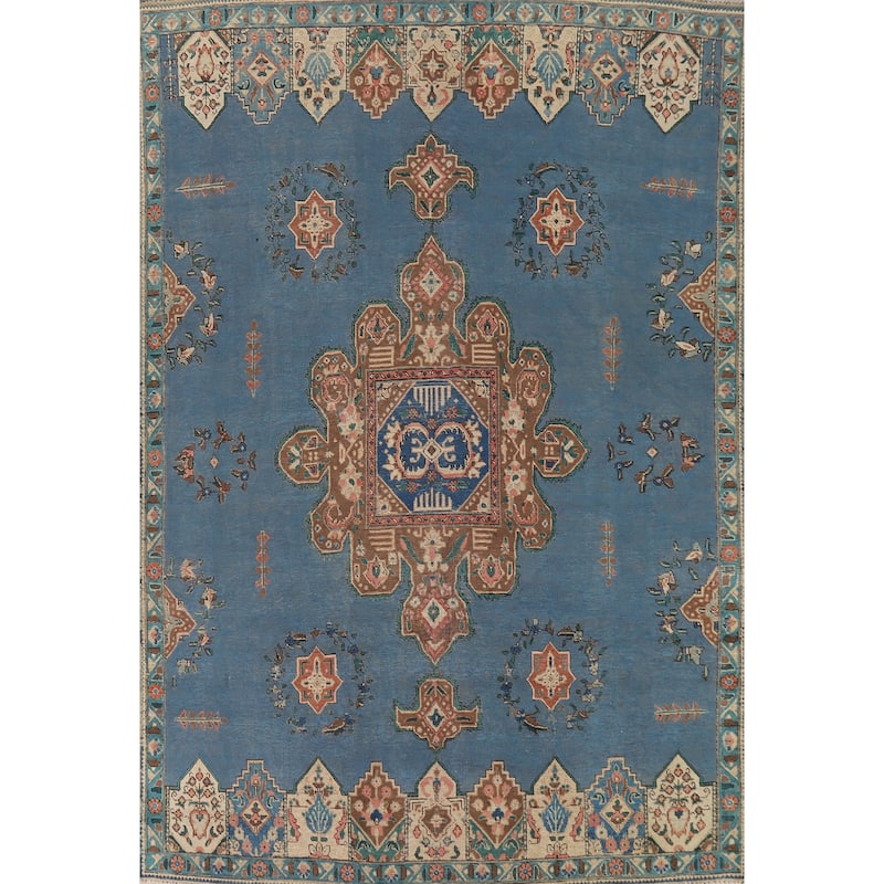 Blue Geometric Tabriz Persian Rug Traditional Handmade Wool Carpet - 7'8"x 10'8"