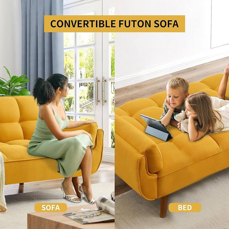75.39 INCH Futon Sofa Bed, Convertible Folding Futon Couch Recliner Lounge For Living Room With 2 Pillow/Armrest