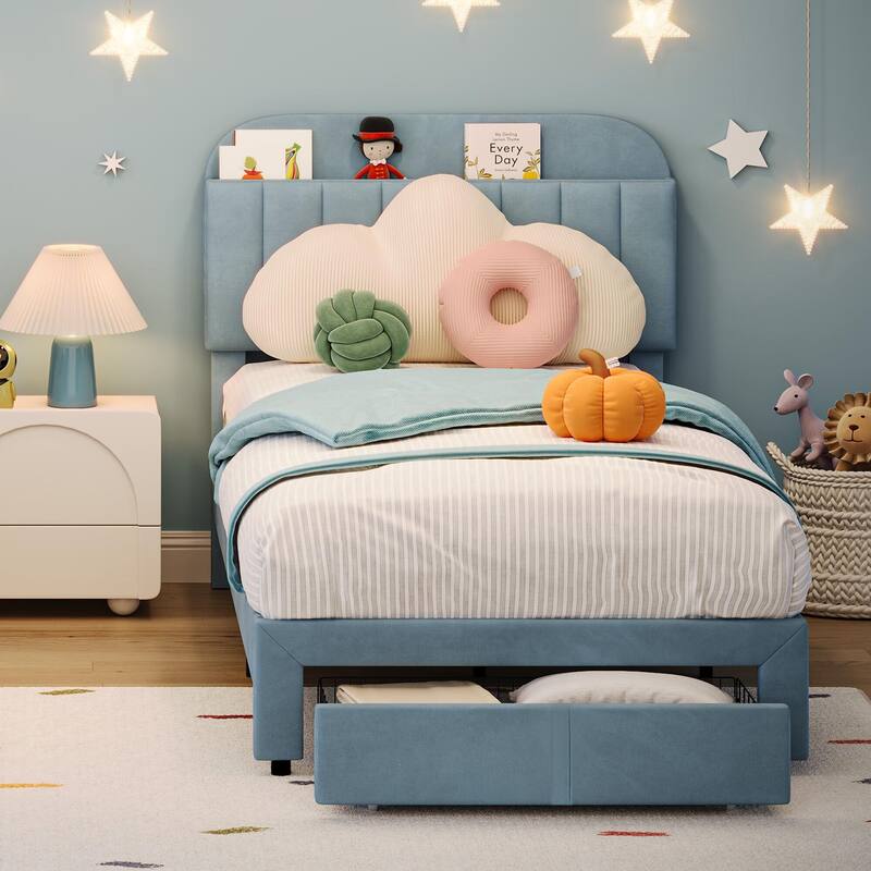 Bed Frame with Drawer, Velvet Upholstered Platform Bed Frame with Storage Headboard