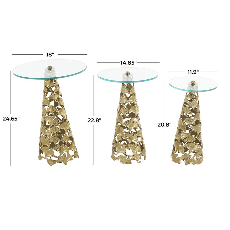 Aluminum Metal Floral Cutout Cone Shaped Accent Table with Tempered Glass Tabletop - Set of 3 Silver or Gold - Roche River Decor