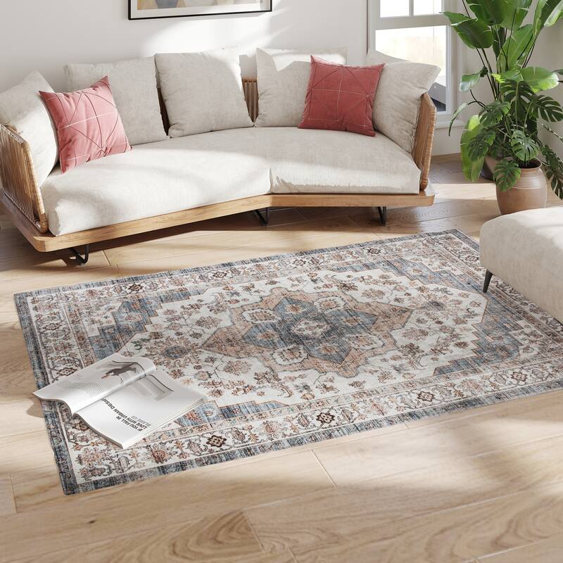 HOMCOM 4x6 Area Rug, Vintage Machine Washable Rug, Non-Slip Floor Carpet for Living Room, Bedroom, Dining Room, Home Office