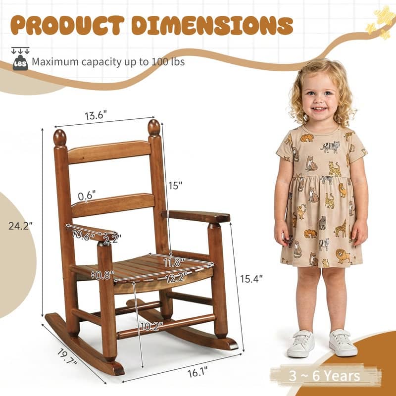 16 In. Kids Classic Solid Poplar Wood Rocking Chair, Egg-Shaped Seat For Ages 2–5 - 9' x 12'