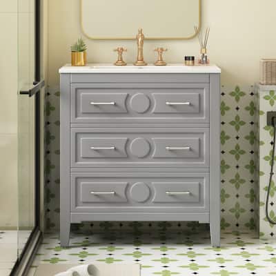 30'' Bathroom Vanity with Ceramic Sink Combo, Free Standing Single Vanity Set with 3 Drawers
