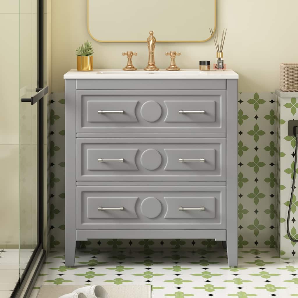Freestanding Single Vanity Set, Solid Wood Bathroom Storage Cabinet, Bathroom Vanity with Ceramic Sink & 3 Drawers