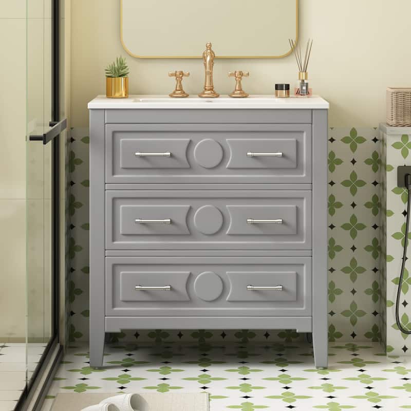 Roomfitters 30 Inch Bathroom Vanity with Ceramic Sink Combo, Freestanding Solid Wood Frame Storage Cabinet with 3 Drawers - Grey