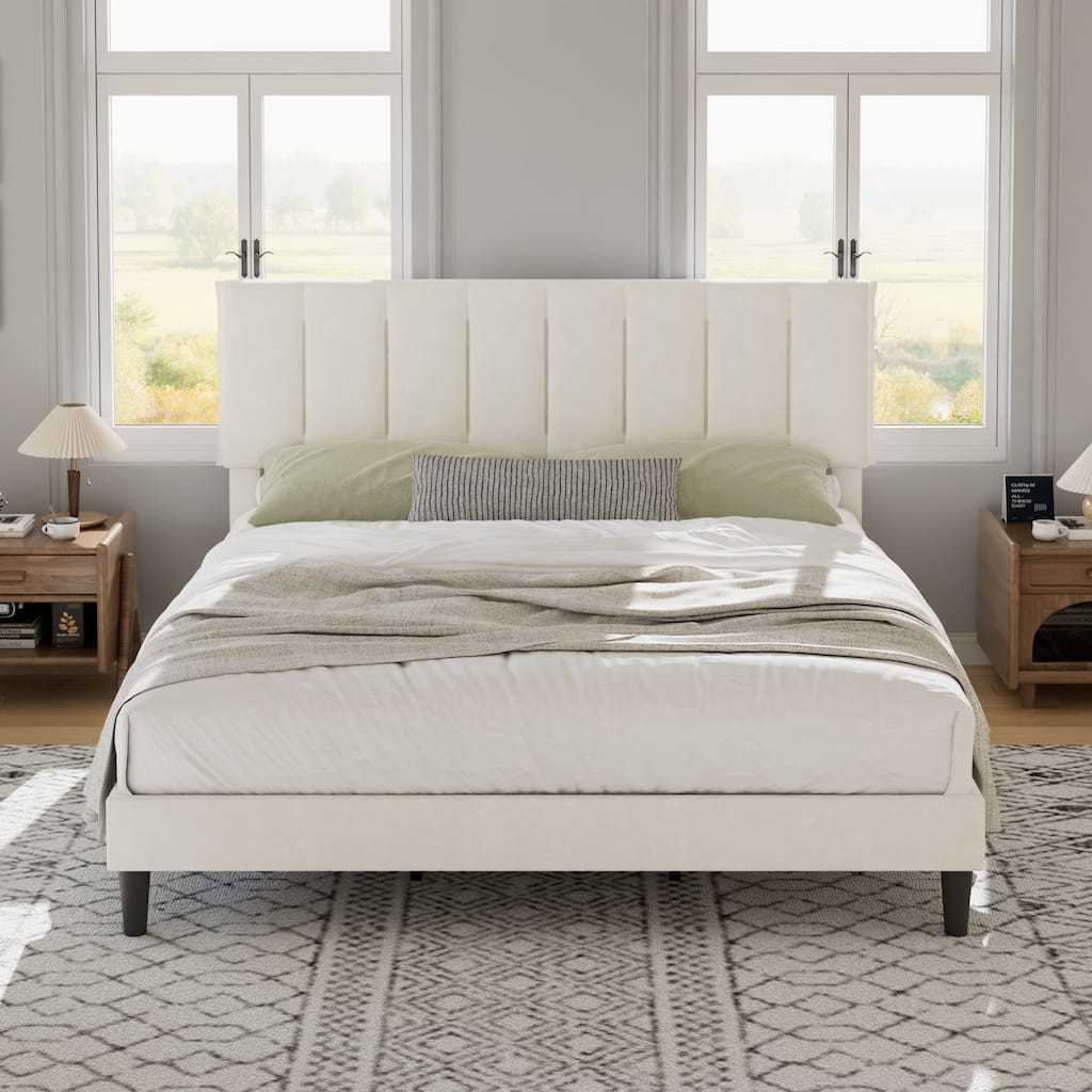 Javlergo Adjustable Height King Bed Upholstered Platform Bed 7.9" Underbed Storage No Box Spring Required Center Support Leg