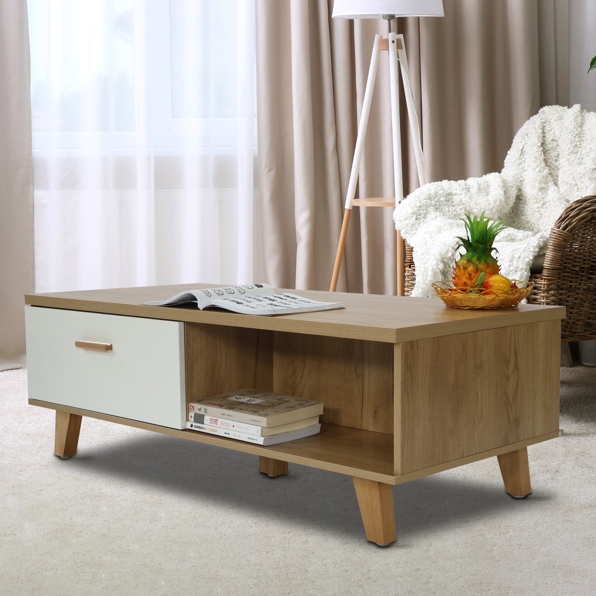 coffee table,computer table, wood+white color, solid wood handles and legs, two drawers,coffee table