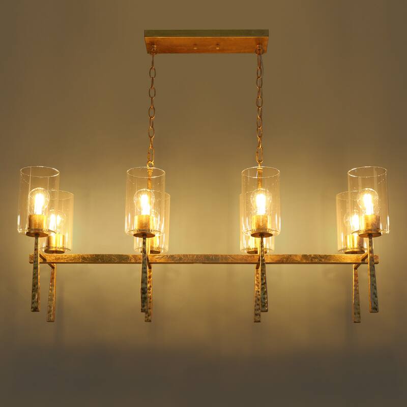 Midas Mid-century Modern 8-Light Vintage Linear Dining Room Chandelier with Cylinder Glass - 40.8"W x 14.6"D x 21-76"H